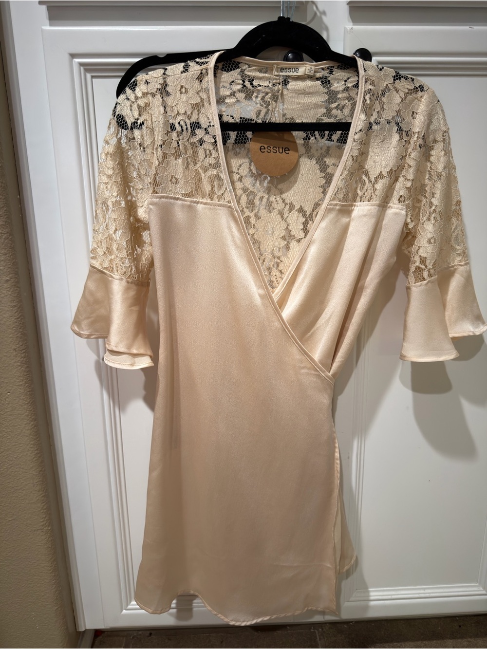 essue Champagne Satin Wrap Dress with Lace Yoke